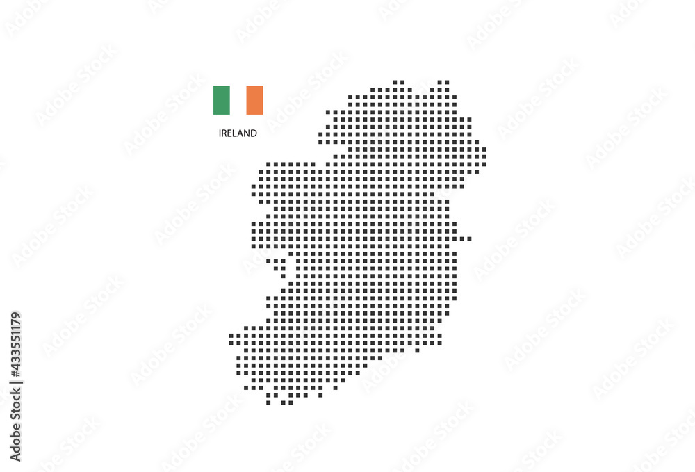 Obraz premium Vector square pixel dotted map of Ireland isolated on white background with Ireland flag.