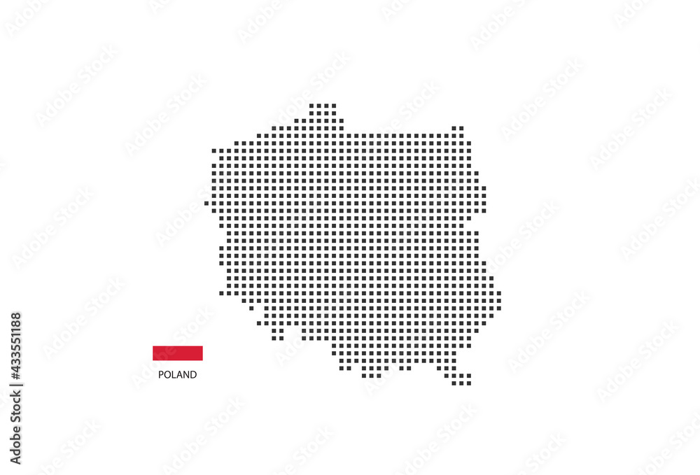 Vector square pixel dotted map of Poland isolated on white background with Poland flag.