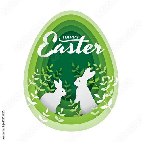 Paper art and digital craft style of two rabbits in the bushes that are inside the green egg shape, Happy Easter day concept