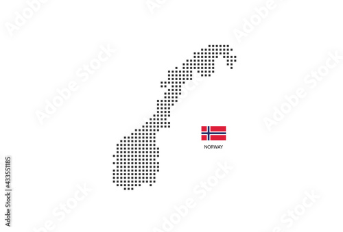 Vector square pixel dotted map of Norway isolated on white background with Norway flag.