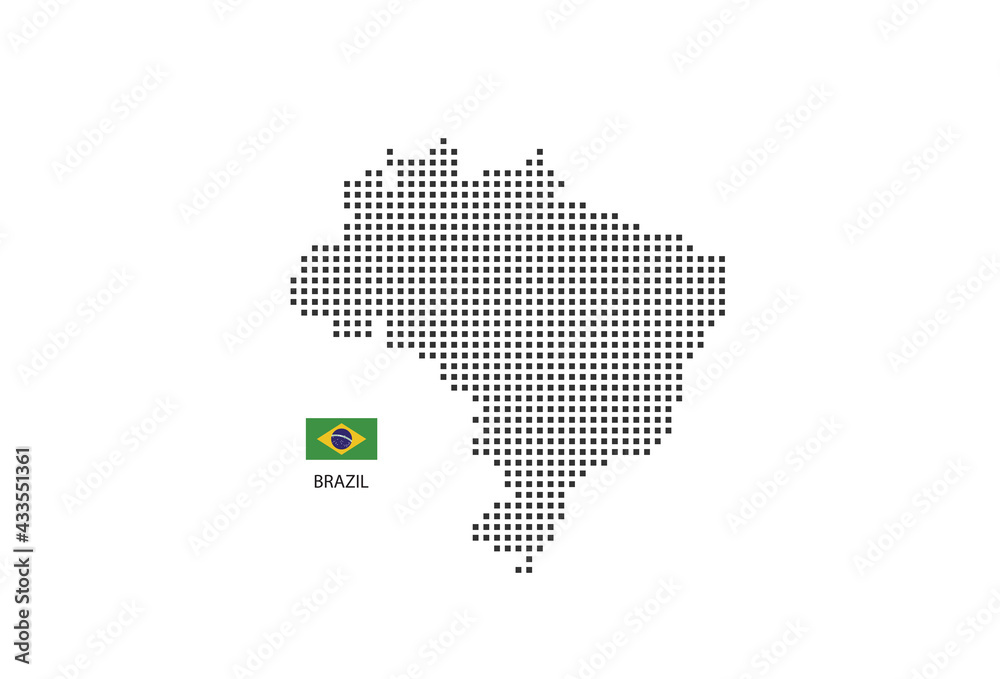 Vector square pixel dotted map of Brazil isolated on white background with Brazil flag.