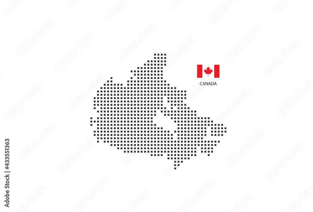 Obraz premium Vector square pixel dotted map of Canada isolated on white background with Canada flag.