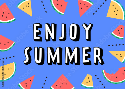 にぎやかでかわいい注意をひく集中線のように並んだスイカのイラストと文字（ENJOY SUMMER）