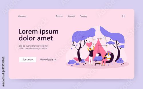 Happy couple dating and glamping outdoors flat vector illustration. Two cartoon characters camping on nature. Holiday with accommodation and country trip concept