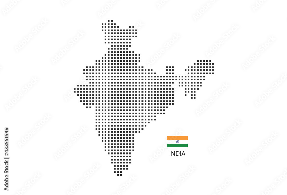 Vector square pixel dotted map of India isolated on white background with India flag.