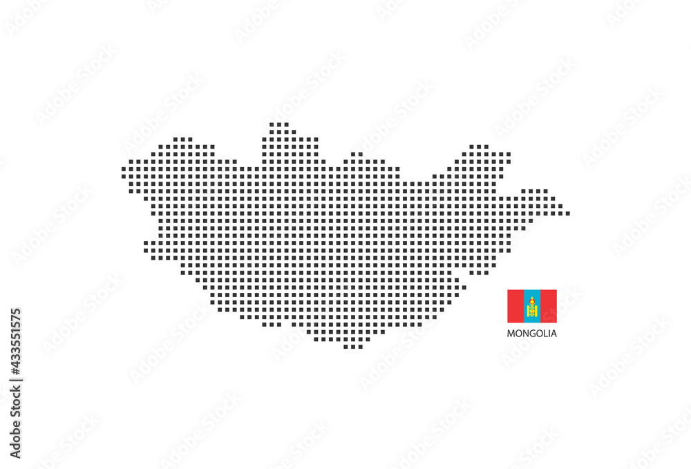 Vector square pixel dotted map of Mongolia isolated on white background with Mongolia flag.