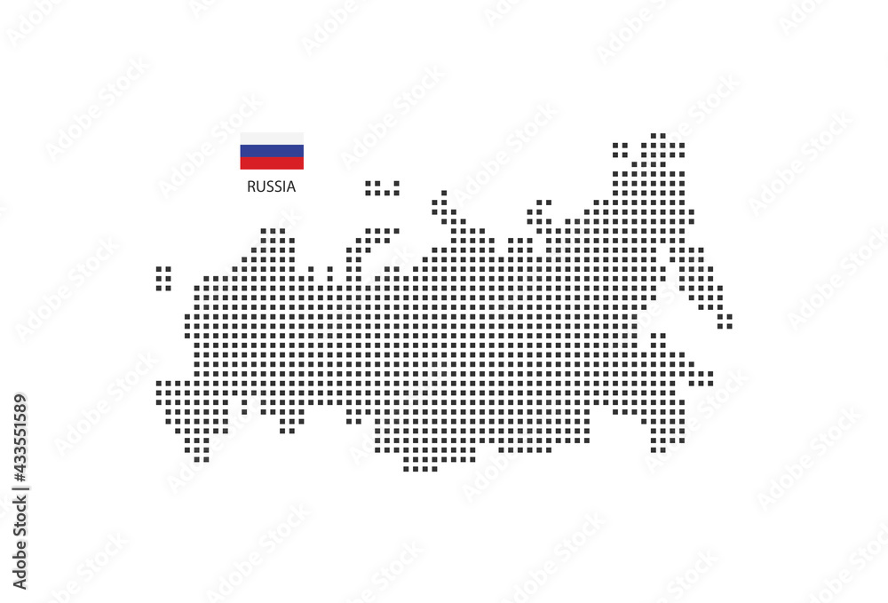 Vector square pixel dotted map of Russia isolated on white background with Russia flag.