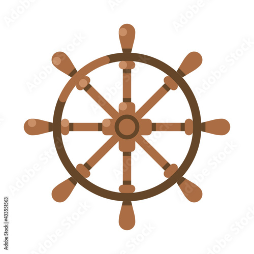 Ancient wooden ships wheel front view vector flat illustration. Equipment for vessel navigate