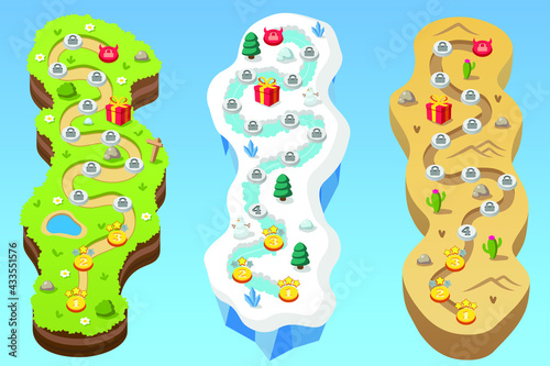 Map for a mobile game. Vertical background for arcade, match 3 or any other kids app. Sprite asset for game development. Design of plain, desert and snow landscapes
