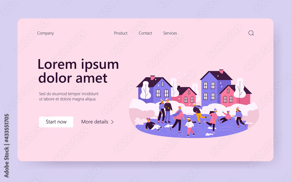 Obraz premium Men, women, kids, families ice skating on city rink in winter. Ice skaters people having fun flat vector illustration. Christmas Eve leisure activity, sports concept for banner or landing web page