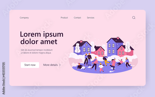 Men, women, kids, families ice skating on city rink in winter. Ice skaters people having fun flat vector illustration. Christmas Eve leisure activity, sports concept for banner or landing web page