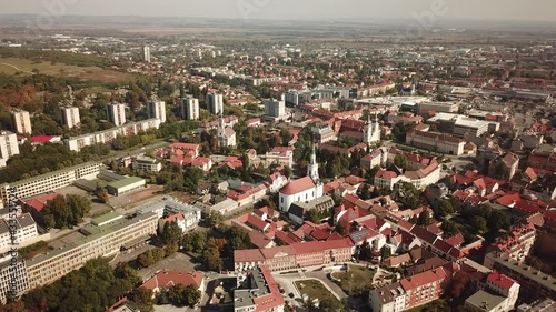 Cinematic aerial drone dolly shot of downtown Miskolc, fourth largest city and a major industrial hub, Northern regional center of Hungary, capital of Borsod-Abaúj-Zemplén county photo