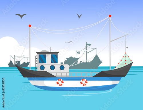 Trawler sailing in daylight cartoon illustration. Commercial fishing boat on water, silhouettes of ships in background, birds flying in sky. Vintage ships, sea or ocean transportation concept