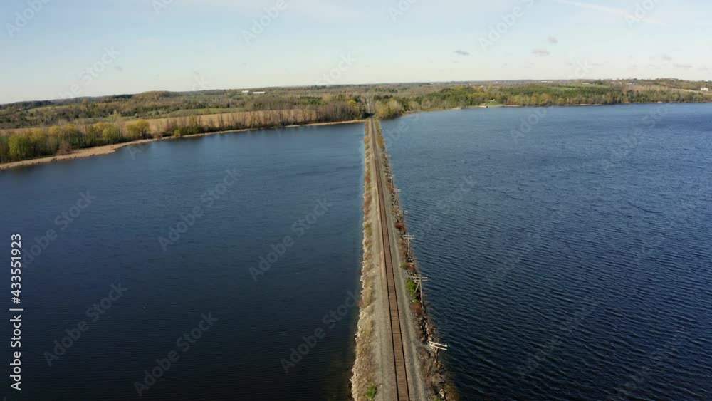 An overhead aerial shot of the Mountsberg Reservoir, which is located in Puslinch, Ontario. Just outside Milton. Located in the Greater Toronto Area.