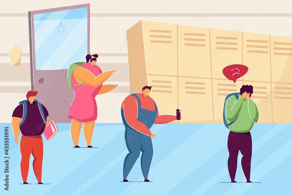 students-bullying-lonely-child-in-school-flat-vector-illustration
