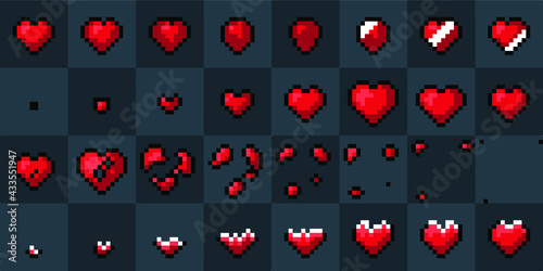 Heart pixel art animation. Isolated vector illustration of mobile or pc game sprites. Design for stickers, logo, mobile app. Game assets 8-bit sprite sheet. Contains: flip, appear, disappear