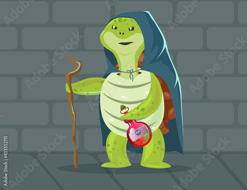 Evil turtle dressed as witch illustration. Cartoon tortoise wearing cape, holding wooden stick and bottle with deadly poison. Fairytale, Halloween, fantasy, carnival concept