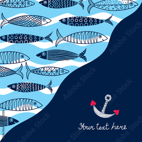 Cute fish card with sardines. Sea motif.