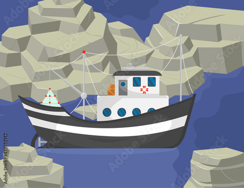 Fishing boat sailing between rocks cartoon illustration. Commercial trawler at sea, marine landscape. Vintage ships, seaway or ocean transportation concept