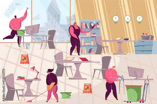 Team of janitors cleaning in office. Flat vector illustration. Professional workers cleaning up mess. Hygiene, job, cleaning service, office concept for banner design or landing page