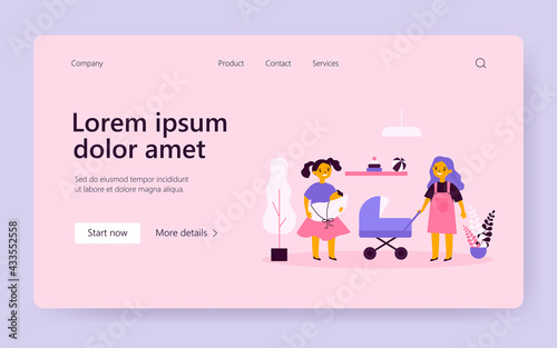 Cheerful girls playing dolls. Role game, acting mom, toy stroller. Flat vector illustration. Childhood, kindergarten, preschool development concept for banner, website design or landing web page