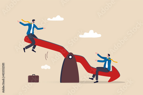 Stock market plunge, cryptocurrency or forex trading price decline, bear market concept, businessman sitting on seesaw red arrow pointing down as investment loss.