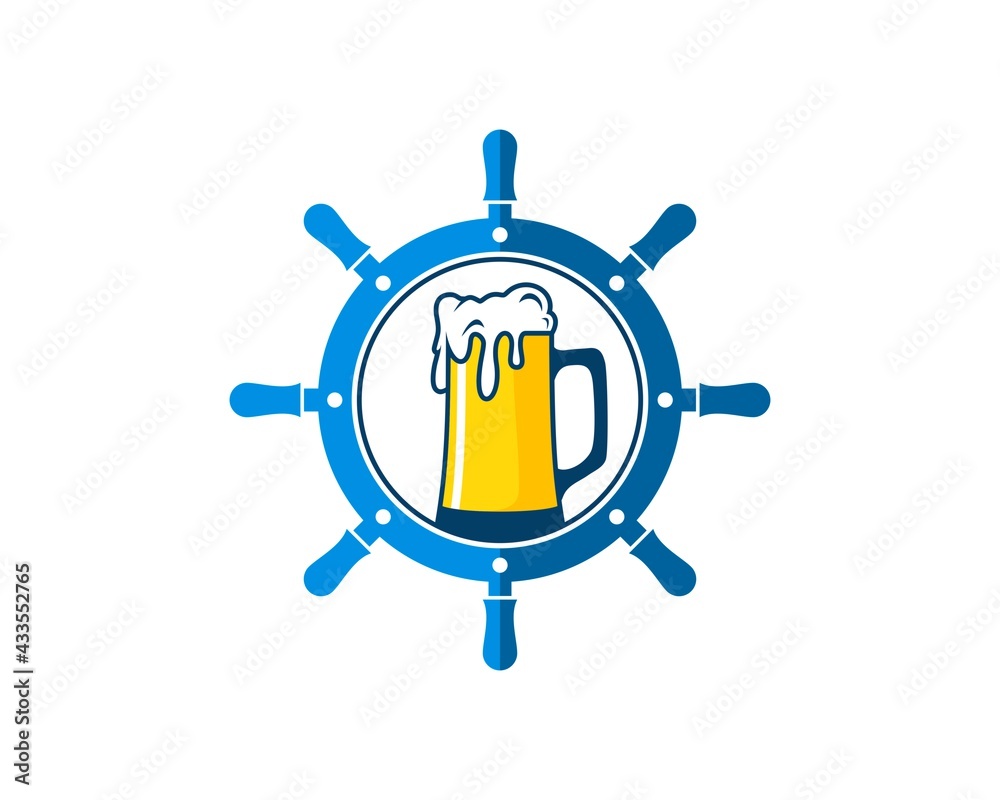 Fototapeta premium Ship steering wheel with beer glass inside
