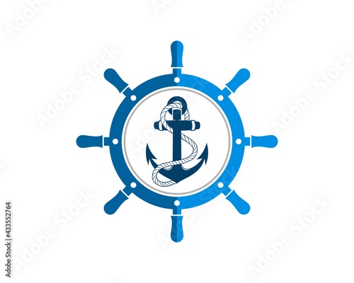 Ship steering wheel with nautical anchor and rope inside