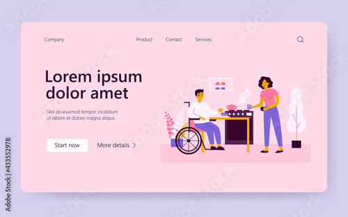 Caring woman preparing cake for disabled man. Wheelchair, health, kitchen flat vector illustration. Disability and support concept for banner, website design or landing web page