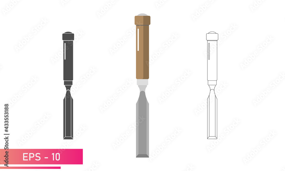 Set, Wood chisel, icon. Lines, solid, realistic design. On a white background. Tools for carpenters and carpenters. Flat vector illustration. Set, Wood chisel, icon. Lines, solid, realistic design. On a white background. Tools for carpenters and carpenters. Flat vector illustration.