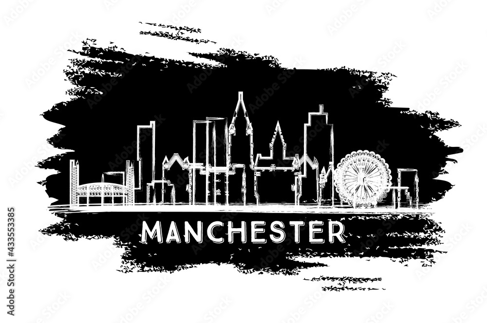 Manchester UK City Skyline Silhouette. Hand Drawn Sketch.