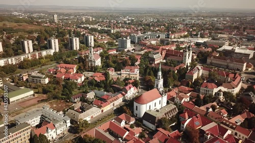 Cinematic dolly aerial drone footage of the city of Miskolc, fourth largest city and a major industrial hub, Northern regional center of Hungary, capital of Borsod-Abaúj-Zemplén county photo
