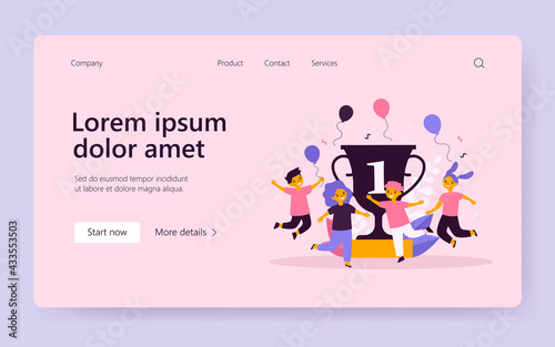 Happy little kids celebrating victory near golden cup. Balloon, place, contest flat vector illustration. Competition and success concept for banner, website design or landing web page