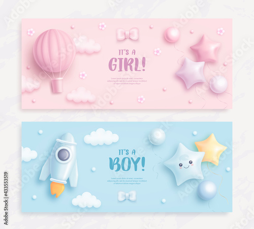 Set of baby shower invitation with cartoon hot air balloon, rocket, helium balloons and flowers on blue and pink background. It's a boy. It's a girl. Vector illustration