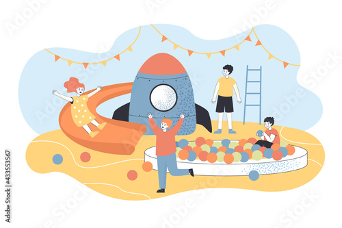 Day care center for children. Cartoon people playing in game zone flat vector illustration. Indoor activity for kids, childhood concept for banner, website design or landing web page