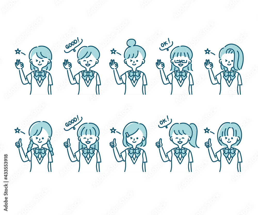 夏の制服を着た様々な女子学生のイラスト(上半身) 夏の制服を着た様々な女子学生のイラスト(上半身)
