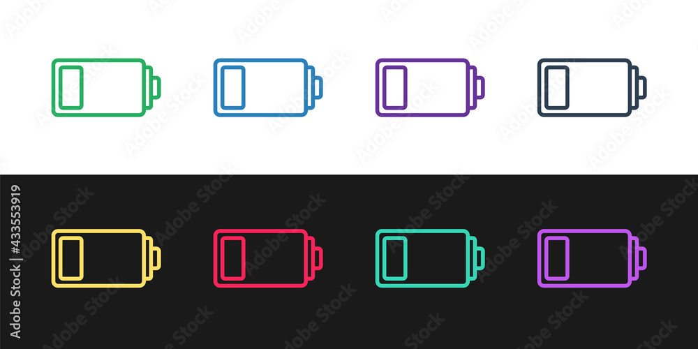 Set line Battery charge level indicator icon isolated on black and white background. Vector