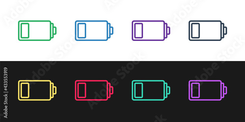 Set line Battery charge level indicator icon isolated on black and white background. Vector
