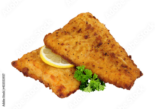 Tableau sur toile Fried battered haddock fish fillets isolated on a white background
