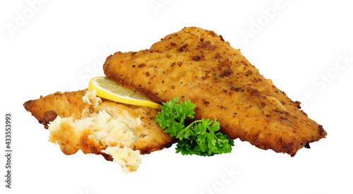 Bilde på lerret Fried battered haddock fish fillets isolated on a white background