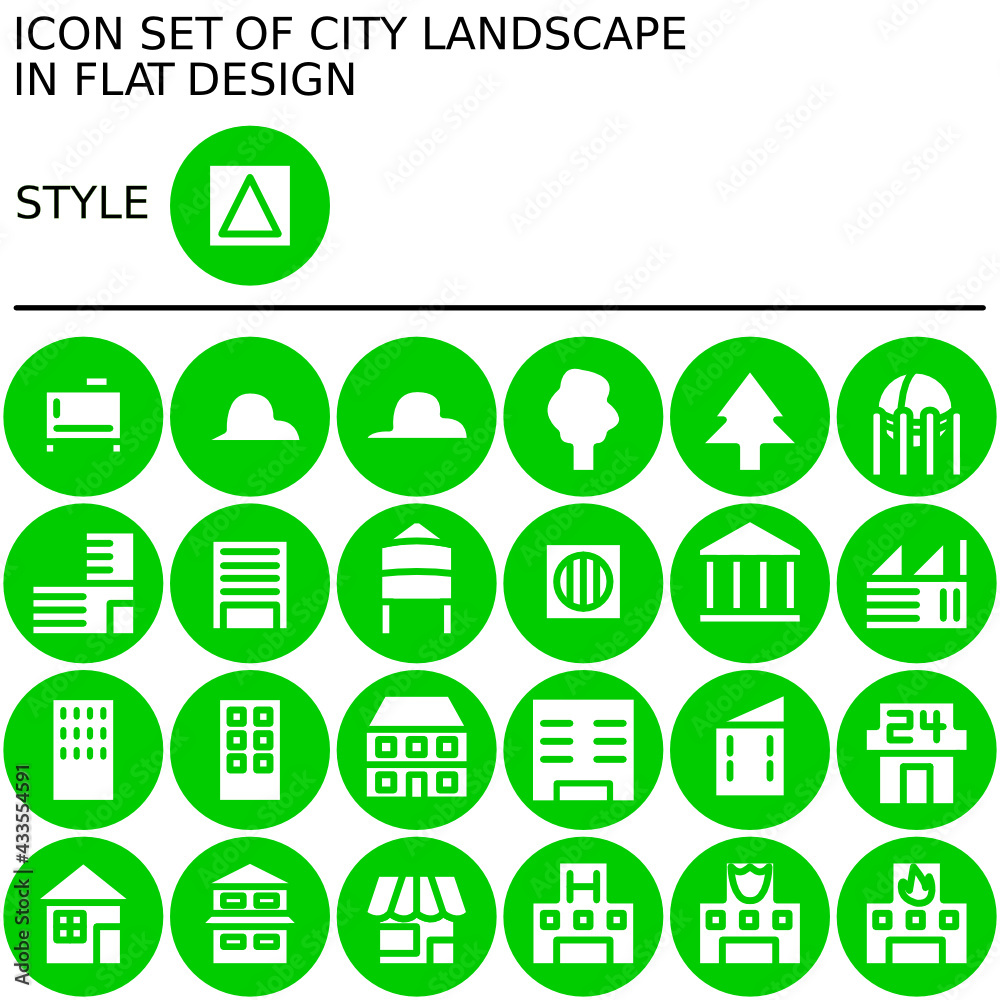 City landscape icon set in flat design with green lines, white fills, on a circle of green line and green fill background. City landscape icon set in flat design with green lines, white fills, on a circle of green line and green fill background.
