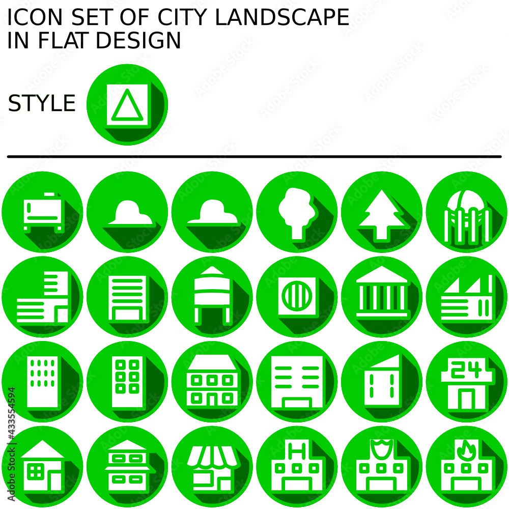 City landscape icon set in flat design with green lines, white fills flat shadow, on a circle of green line and green fill background. City landscape icon set in flat design with green lines, white fills flat shadow, on a circle of green line and green fill background.