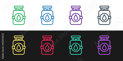Set line Propane gas tank icon isolated on black and white background. Flammable gas tank icon. Vector