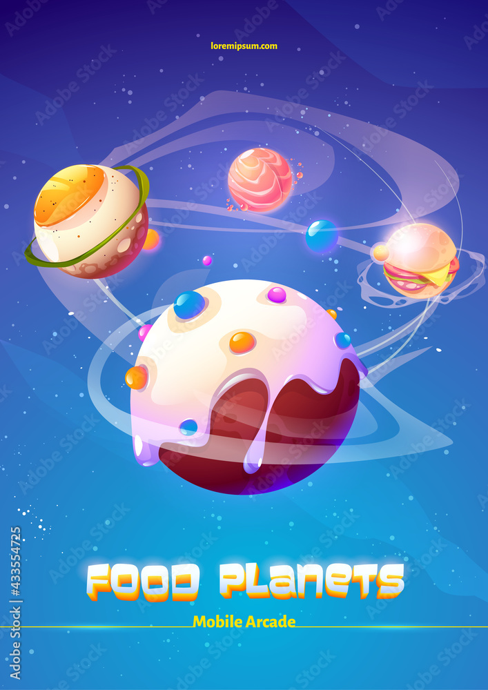 Fototapeta premium Mobile arcade food planets adventure game, cartoon poster with egg, burger, salmon fish and ice cream spheres in space. Cosmic funny galaxy world, Vector illustration