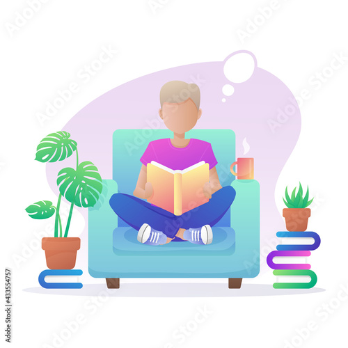 Boy sitting in blue armchair and reading book. Interior with plants in a pots and cup of coffee, tea. Vector illustration isolated on white background.