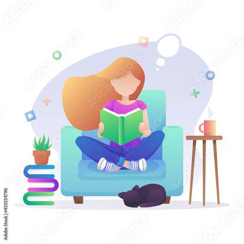 Ginger, redhead girl sitting in blue armchair and reading book. Interior with table, plants in a pots and cup of coffee, tea, and black cat. Vector illustration isolated on white background.
