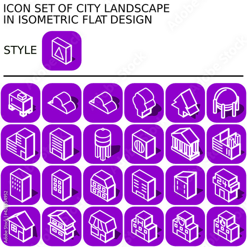 City landscape icon set in isometric flat design with white lines, purple fills, shape of a shadow on a round square of purple line and purple fill background.