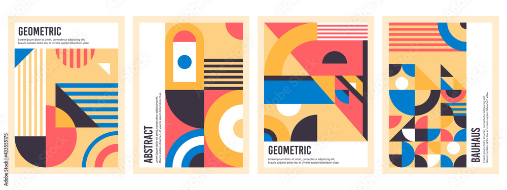 Vettoriale Stock Bauhaus posters. Abstract geometric patterns, circles,  triangles and square bauhaus banner vector illustration set. Graphic bauhaus  design posters | Adobe Stock