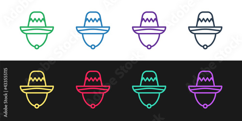 Set line Traditional mexican sombrero hat icon isolated on black and white background. Vector