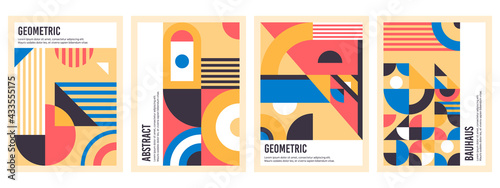 Bauhaus posters. Abstract geometric patterns, circles, triangles and square bauhaus banner vector illustration set. Graphic bauhaus design posters